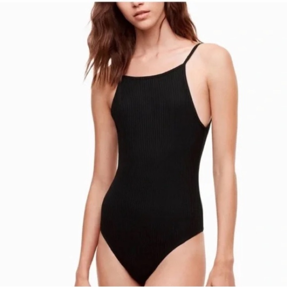 Aritzia Wilfred BLACK ribbed thong bodysuit open back